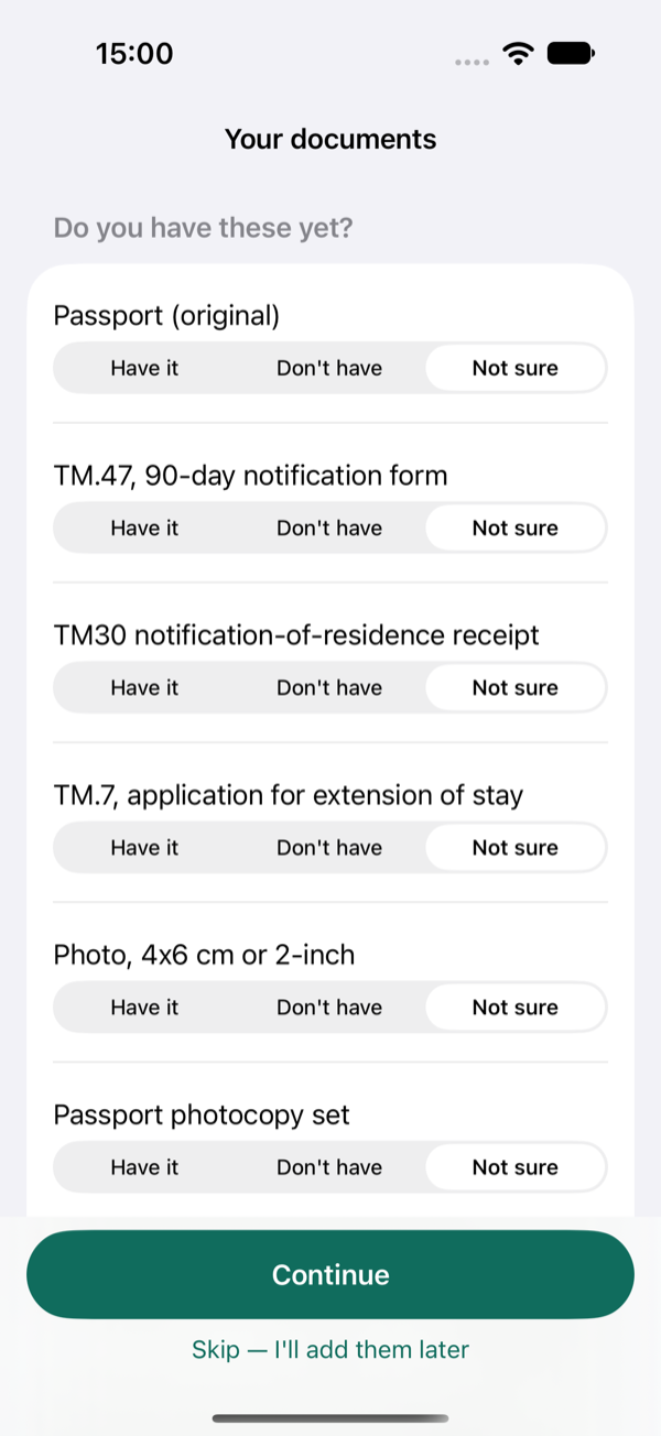 Setup screen for your document checklist