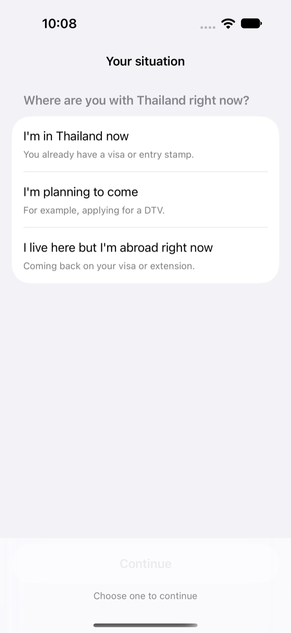Screen asking where you are in your Thailand stay